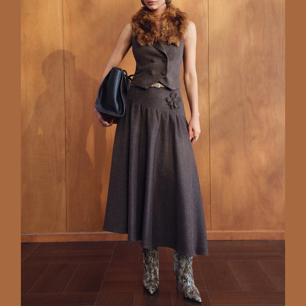 Charcoal / Brown Faux Fur Collar Double Breasted Vest & Flared Midi Skirt Set